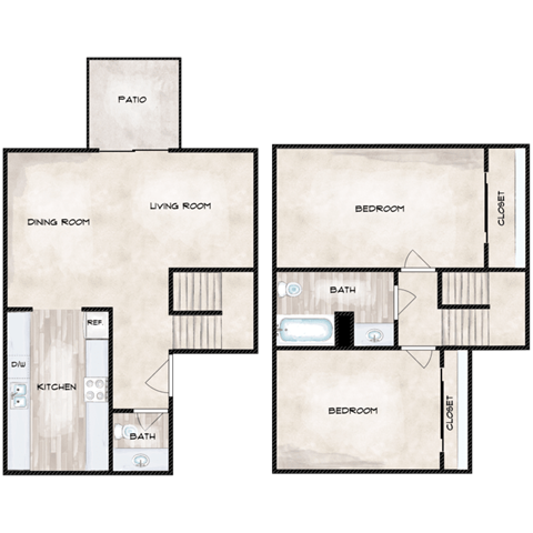 Floor plan for 2 beds, 1.5 baths, 1112 sqft